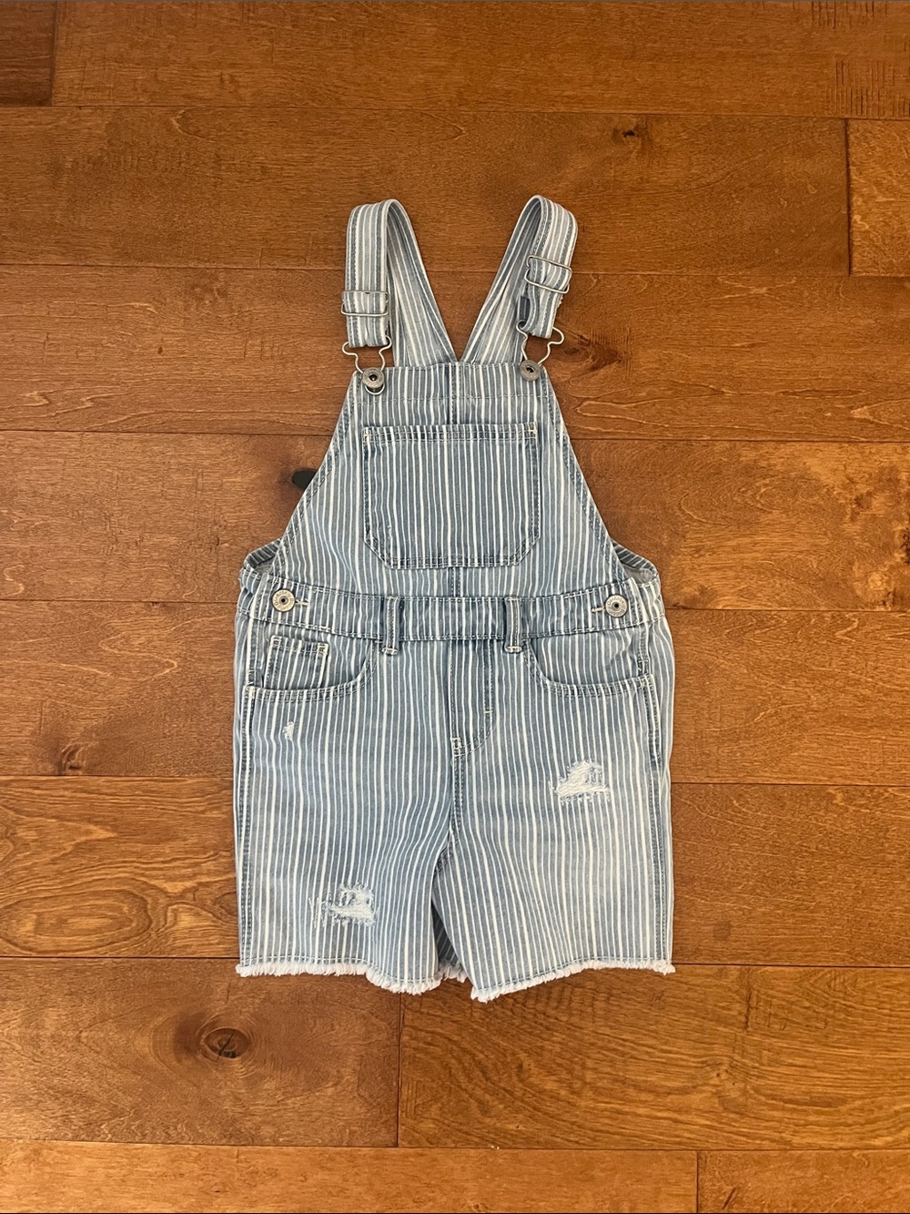 Toddler Girls OshKosh B'gosh Light Blue Striped Distressed Denim Shortalls - 5T